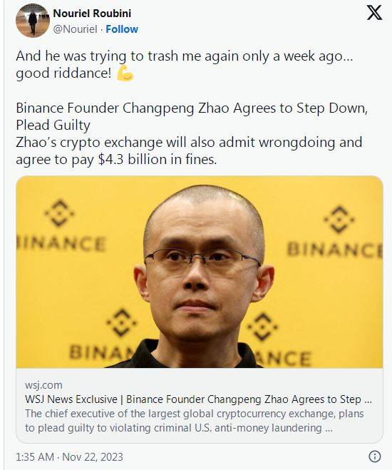 “末日博士”鲁比尼回应币安CEO下台：“终于滚蛋了<strong></p>
<p>安币网</strong>！”