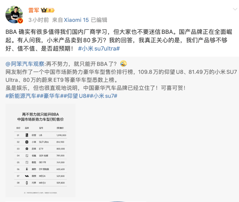 小米汽车卖到80多万<strong></p>
<p>五货币对冲</strong>，网友称再不努力只能开BBA！雷军：不要迷信BBA