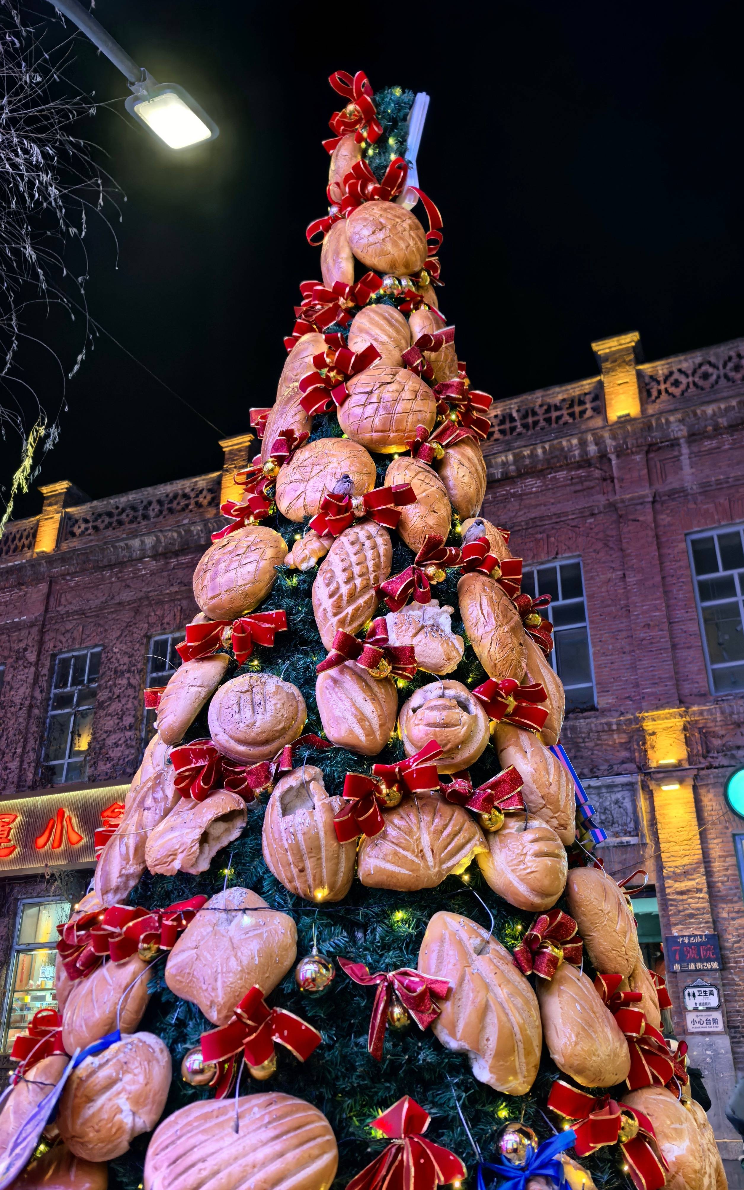 哈尔滨一大列巴面包树成麻雀过冬粮仓,设计师:一百多个面包做成,已有两年